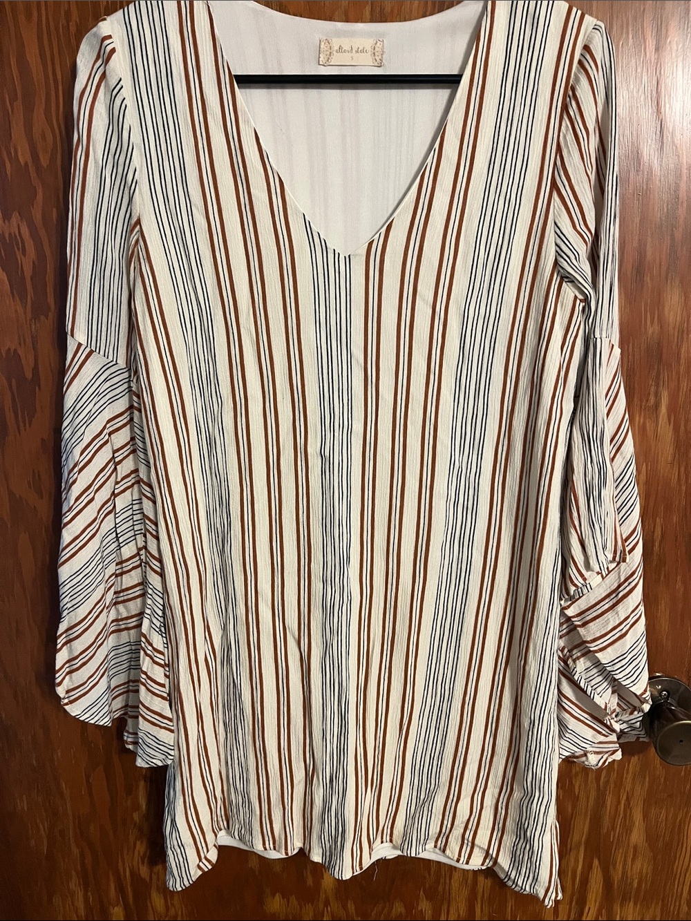 ALTAR’D STATE Boho Stripe V-Neck Mini Dress with Flared Sleeves